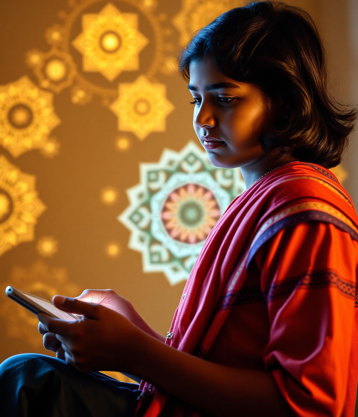 A young Indian learner engaging with Bhakti AI, framed by traditional mandala motifs